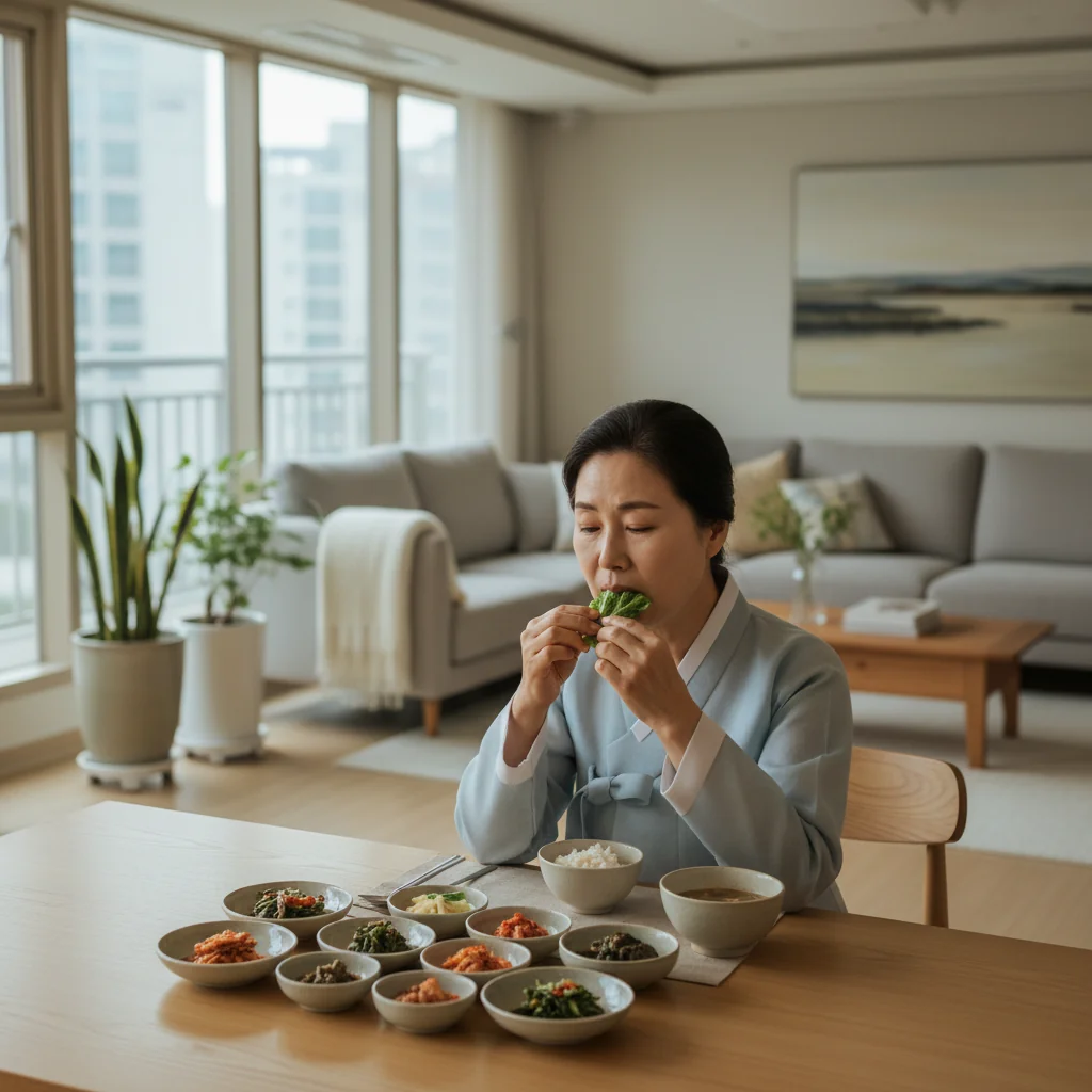 밝은 공간에서 음식을 천천히 음미하는 모습. 충분히 씹는 습관은 소화를 돕고 포만감을 높여 건강한 식생활에 큰 도움이 됩니다.