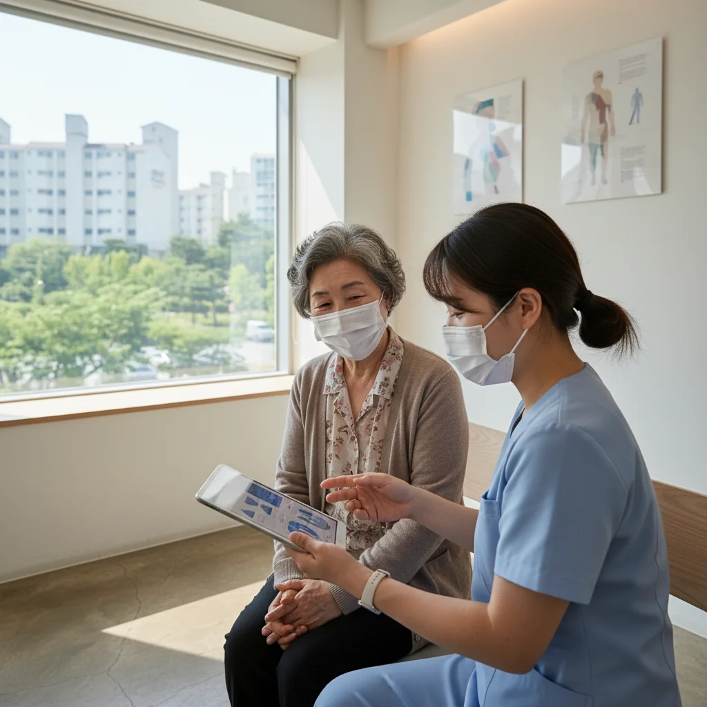 밝고 편안한 진료실에서 어르신이 의료진과 대상포진 예방접종에 대해 상담하고 있습니다. 본인에게 맞는 백신 종류와 가격 정보를 확인하세요.