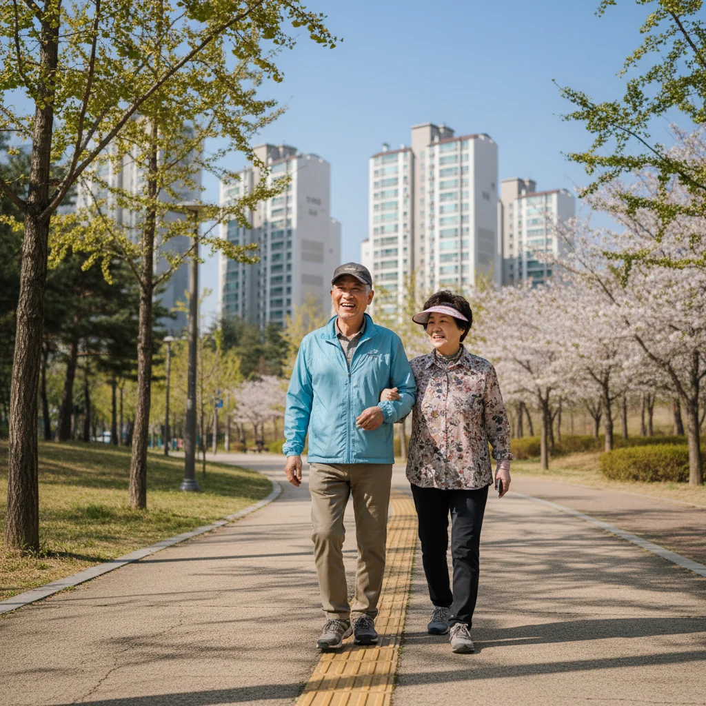 화창한 오후, 공원에서 산책하는 어르신 부부의 모습입니다. 건강하고 활기찬 노년을 위한 일상 속 작은 실천이죠.