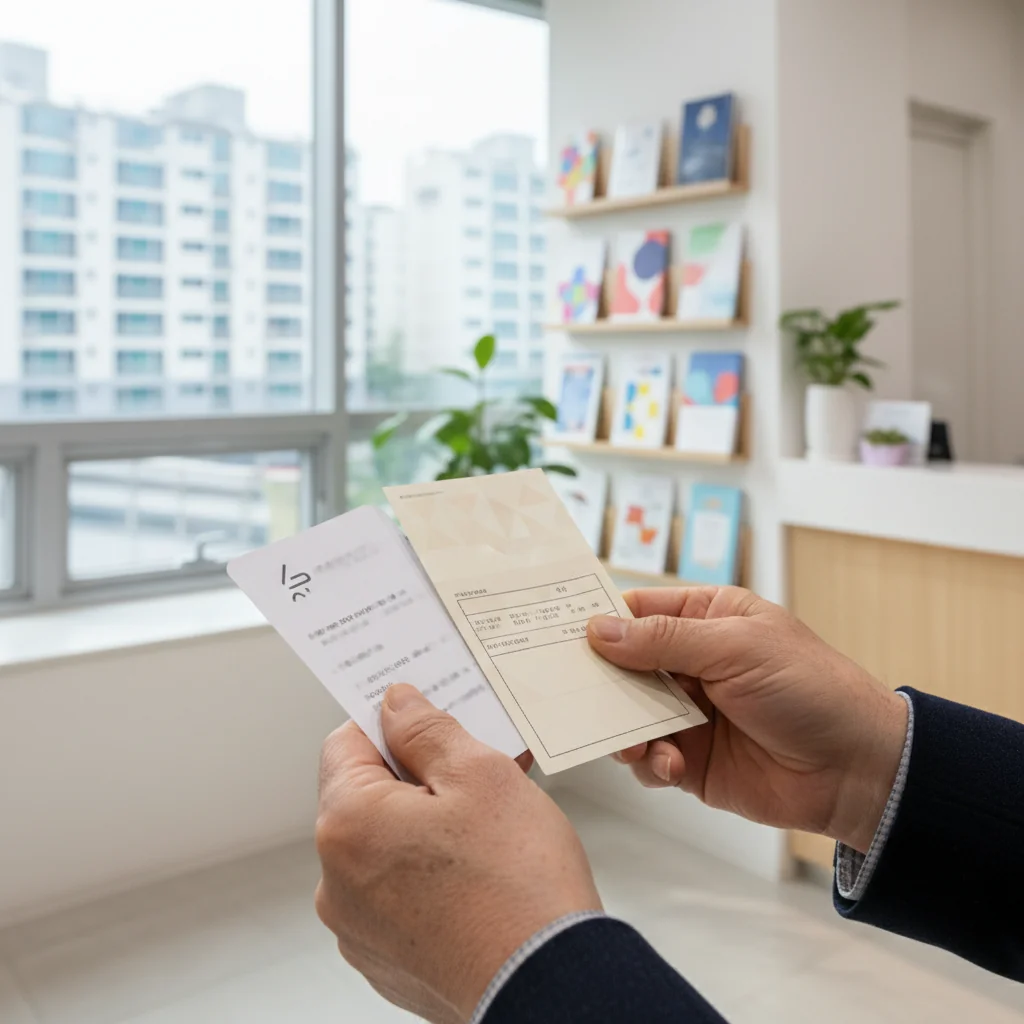 밝은 병원 접수대에서 어르신이 예방접종 카드와 예약 일정을 확인하고 있습니다. 대상포진 예방접종을 위한 백신 종류별 특징과 가격을 꼼꼼히 살펴보세요.
