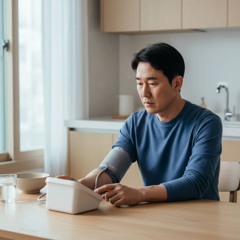집에서 간편하게 혈압을 확인하는 중년 남성입니다. 정확한 혈압 측정을 위해 올바른 자세와 시간대를 지키는 것이 중요합니다.