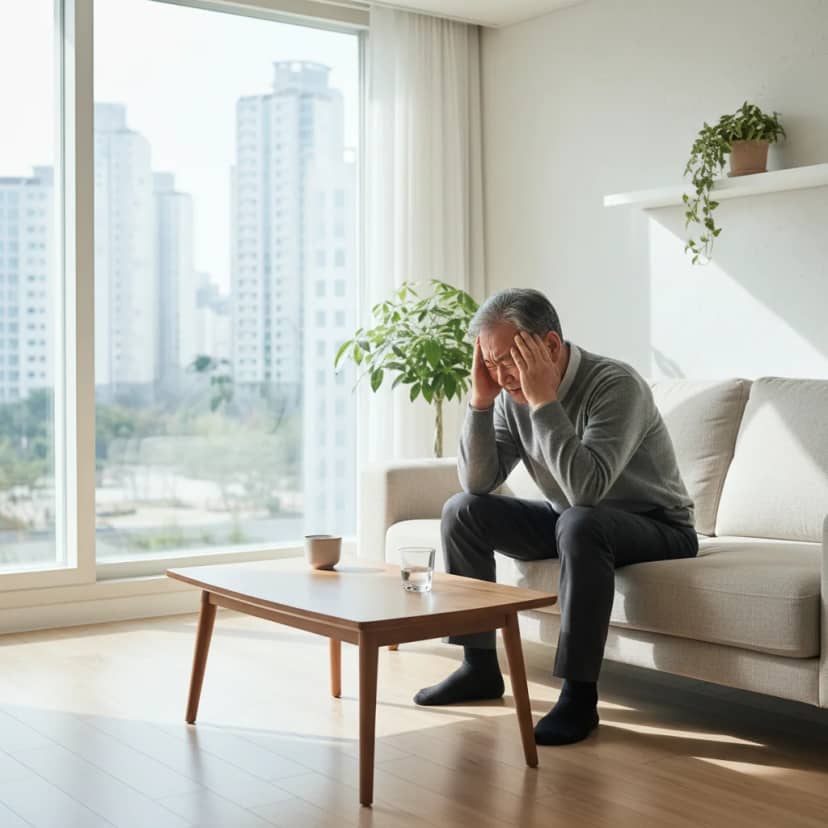 햇살 가득한 거실, 머리가 아파 보이는 어르신의 모습입니다. 연령대가 높아질수록 혈압 관리가 중요한데요, 혹시 나도 모르는 혈압 이상은 없는지 확인해 보세요.