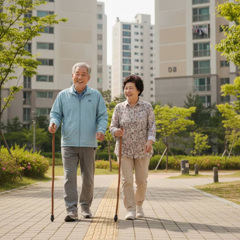 화창한 날, 공원에서 함께 걷는 어르신들의 활기찬 모습입니다. 규칙적인 운동은 혈당 조절과 건강한 생활 습관 유지에 필수적인 관리법이 됩니다.