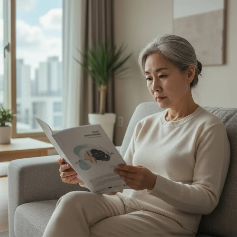 뇌전증 자료를 차분히 읽으며 생각에 잠긴 어르신입니다. 가족 건강을 위해 질병을 미리 이해하고 대비하는 것이 중요하죠.