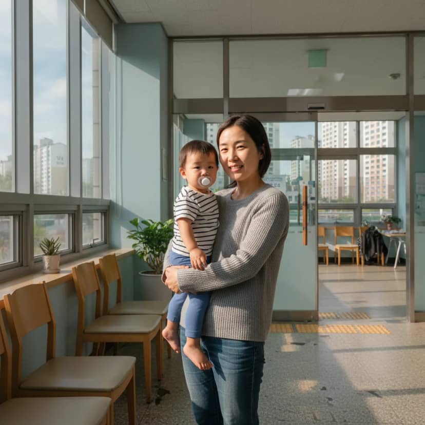 아이와 함께 보건소에서 접수 차례를 기다리는 엄마의 모습입니다. 무료 독감 예방 접종 대상인지 미리 확인하고 방문하시면 더욱 편리합니다.