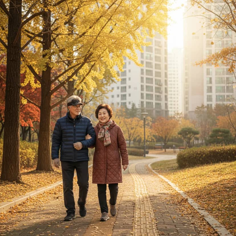따스한 가을 햇살 속 공원을 걷는 어르신들의 평화로운 모습입니다. 낙엽이 깔린 산책로에서 건강한 일상을 보내시네요. 독감 예방접종으로 올가을도 활기차게 준비해 보세요.