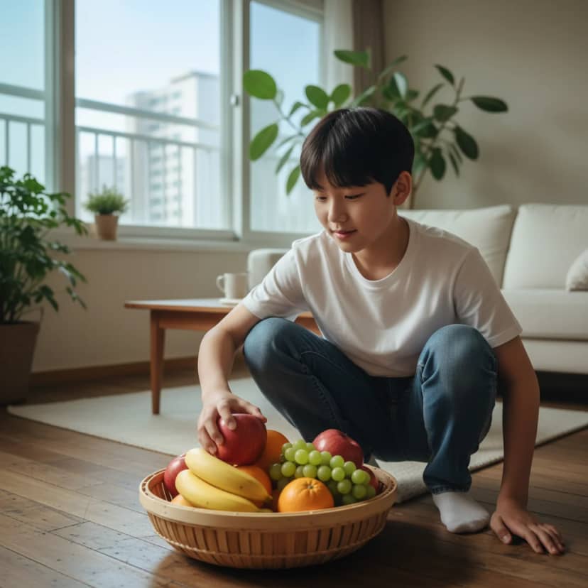 싱싱한 과일로 간식 시간을 건강하게 채우는 모습입니다. 우리 집 식탁에도 다채로운 과일을 더해 건강한 식습관을 시작하는 작은 단계를 밟아보세요.