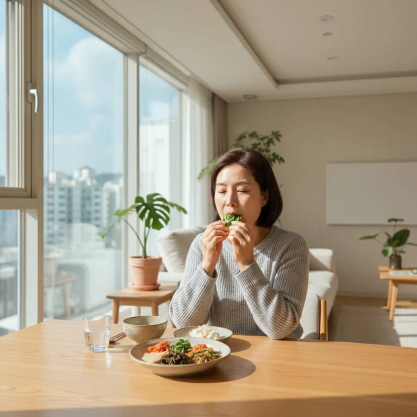햇살 가득한 공간에서 음식을 천천히 음미하는 모습입니다. 올바른 저작 습관은 소화뿐 아니라 교정 후 치아 관리에도 중요해요.