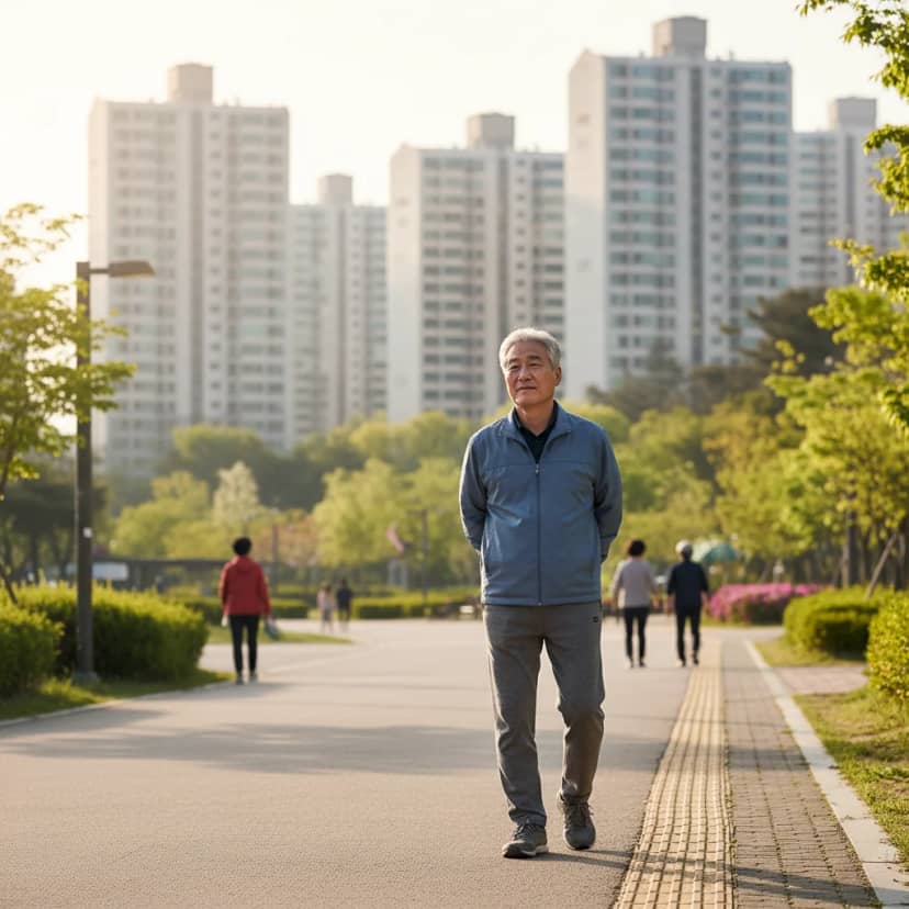 화창한 오후, 편안한 모습으로 공원을 산책하는 어르신입니다. 만성 질환 관리에 있어 규칙적인 생활 습관은 필수적입니다.