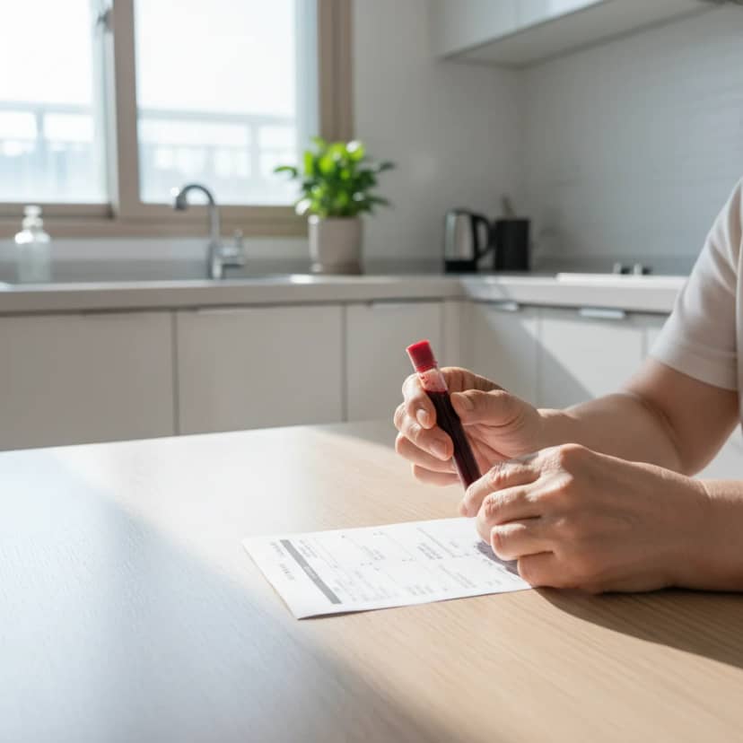 하시모토갑상선염 등 갑상선기능저하증 진단에 필수적인 혈액 검사 튜브와 의료 기록 서류입니다. 정확한 진단을 위한 중요한 과정이지요.