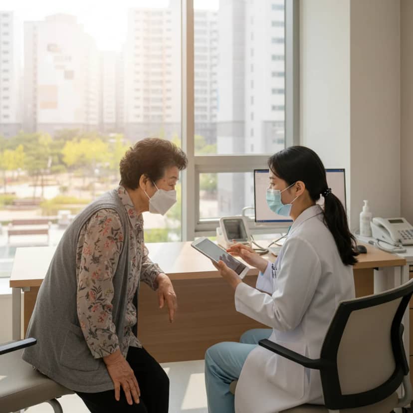 밝고 편안한 진료실에서 의사와 환자가 마스크를 착용한 채 진지하게 상담하고 있습니다. 왼쪽 옆구리 통증은 다양한 원인이 있으니 전문가와 상담하여 정확한 진단과 치료를 받아보세요.