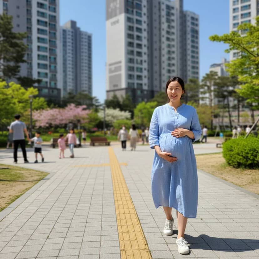 화창한 날, 공원에서 여유롭게 산책하는 임산부의 모습입니다. 건강하고 활기찬 생활이 임신 중 엄마와 아기 모두에게 얼마나 중요한지 보여줍니다.