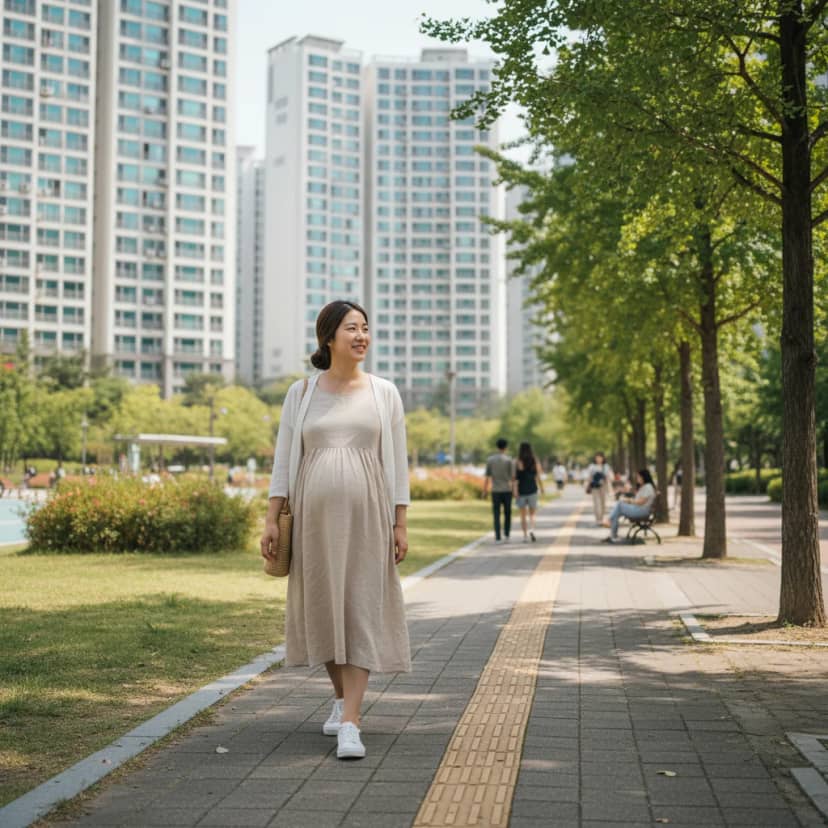 화창한 날, 공원에서 산책을 즐기는 임산부의 평온한 모습입니다. 건강한 임신 기간을 위해 꾸준한 움직임과 바깥 활동은 중요하죠. 몸과 마음을 편안하게 유지해 보세요.