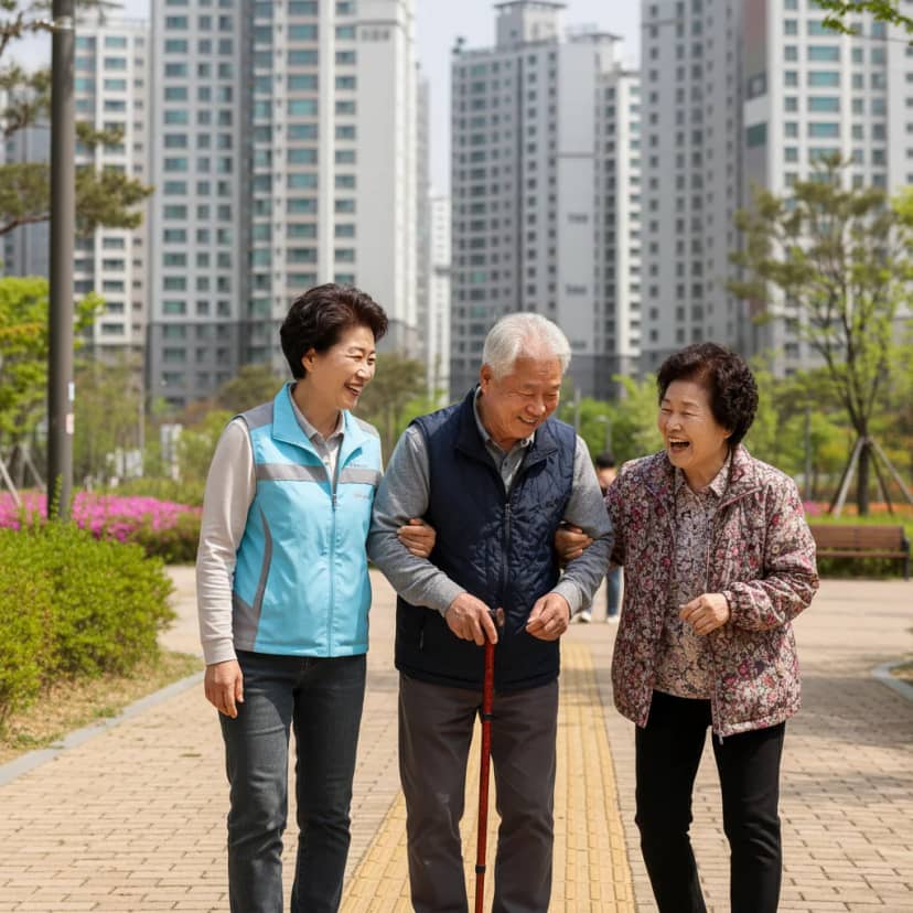 공원에서 어르신들을 살피는 봉사자의 따뜻한 모습입니다. 50대 이후에도 보람 있는 사회 활동으로 활기찬 제2의 삶을 시작할 수 있습니다.