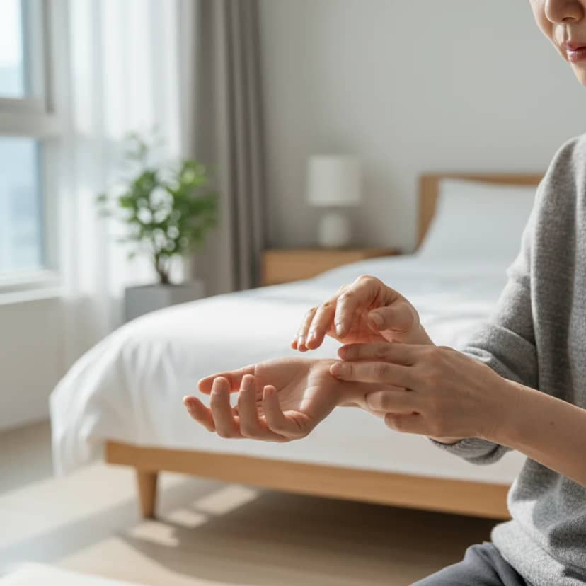 팔에 살짝 보이는 붉은 기와 함께 몸의 작은 신호에 귀 기울이는 모습입니다. 대상포진 초기 증상은 놓치기 쉬우니 주의 깊게 관찰해보세요.