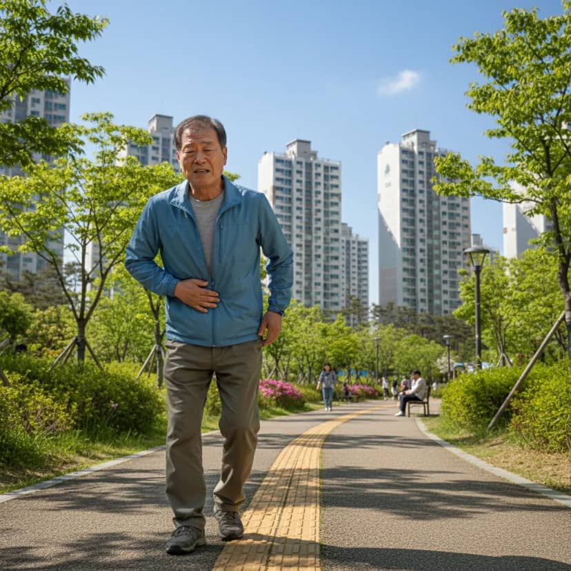 옆구리를 잡고 힘겹게 걷는 어르신의 모습은 대상포진 초기 통증을 시사합니다. 몸의 한쪽에 느껴지는 불편함은 전조 증상일 수 있으니 주의 깊게 살펴보세요.