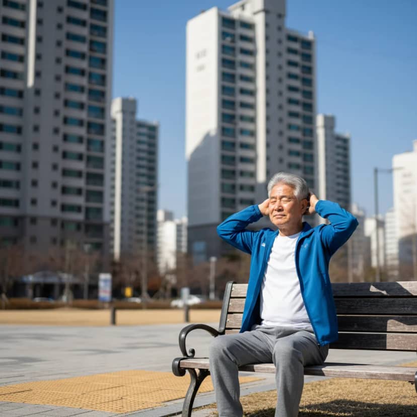 이석증으로 인한 어지럼증 완화를 돕는 자가 치료 운동 모습입니다. 공원 벤치에 앉아 천천히 머리를 돌리는 동작은 집에서도 쉽게 따라 할 수 있어 꾸준한 관리에 유용해요.