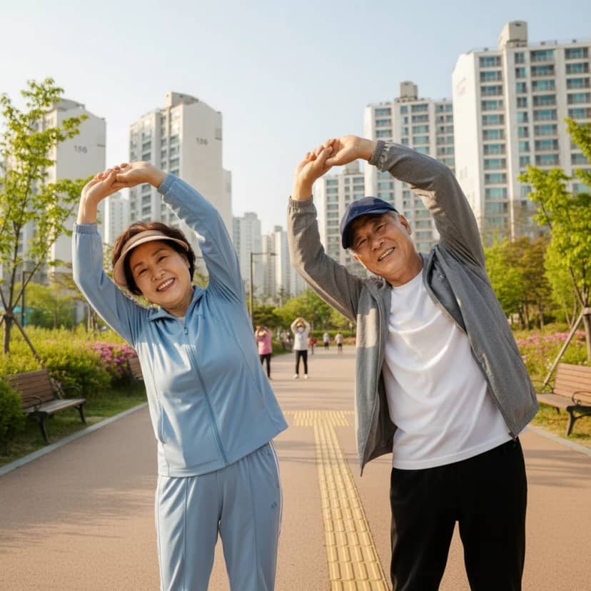 화창한 아침, 공원에서 어깨와 목을 스트레칭하는 어르신들의 모습입니다. 이석증 관리에 도움을 주는 가벼운 운동으로 건강한 일상을 유지해 보세요.
