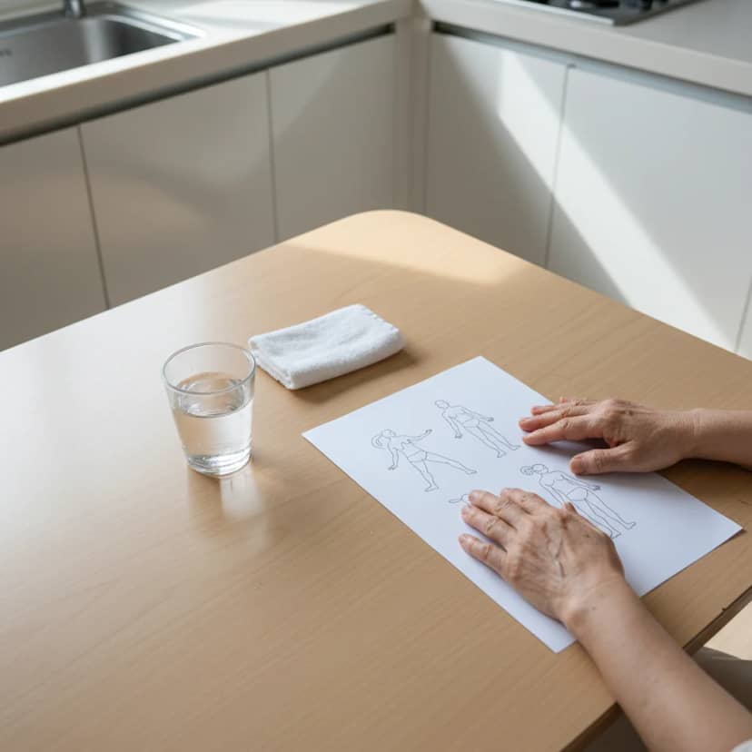 이석증 자가치료 운동을 위해 물과 수건, 운동법 안내서를 미리 준비하는 모습입니다. 꾸준히 실천하는 것이 증상 관리에 큰 도움이 될 거예요.