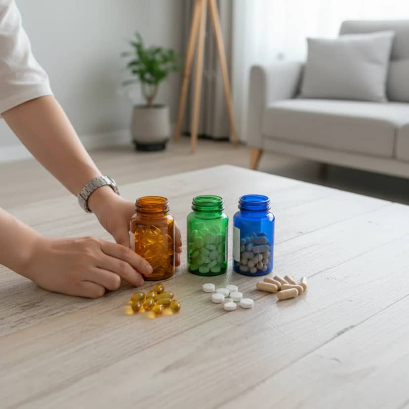 따뜻한 햇살 아래, 임산부에게 중요한 비타민D와 다양한 영양제를 꾸준히 챙기는 모습입니다. 엄마와 아기의 건강을 위한 현명한 습관이죠.